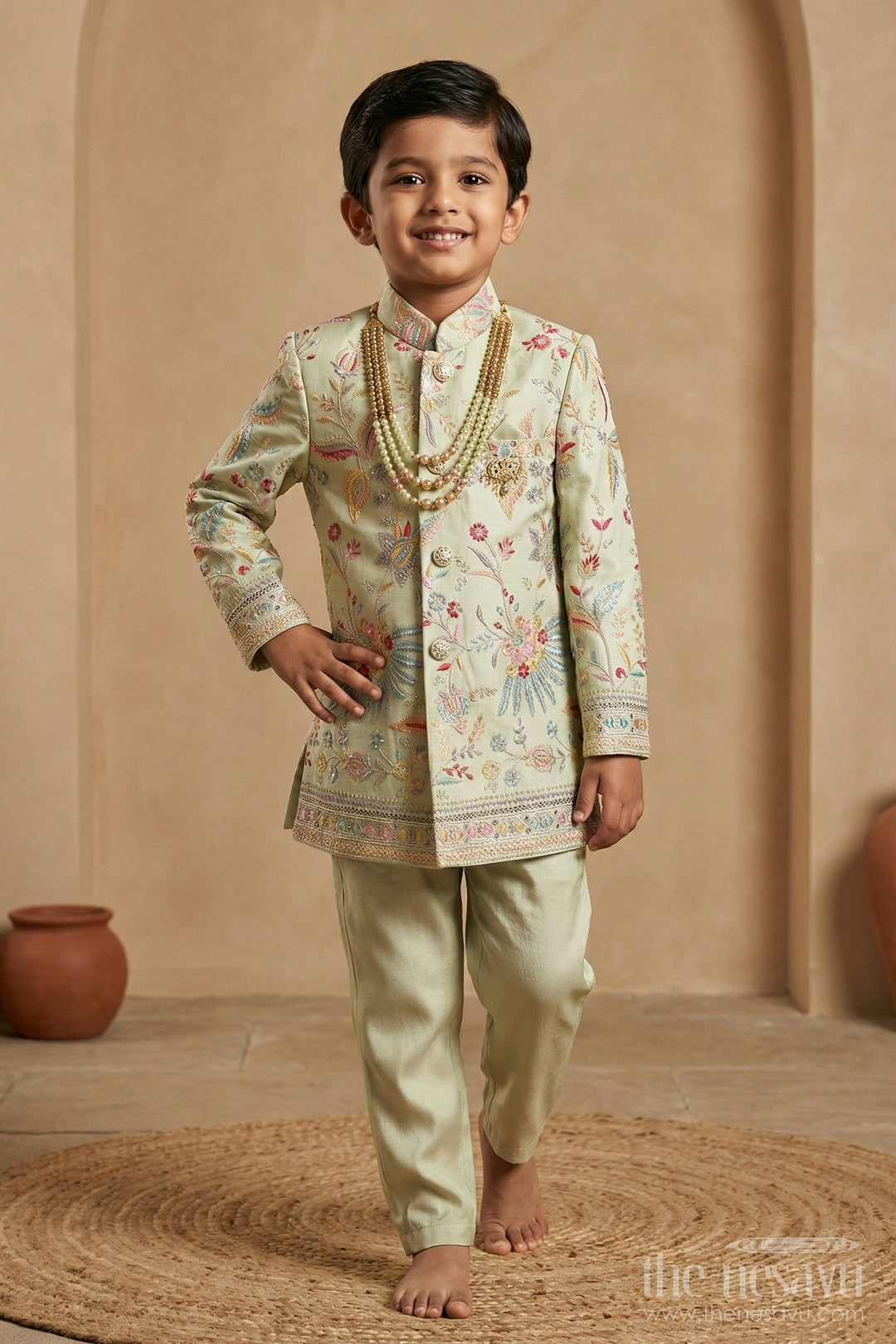 The Nesavu Boys Sherwani Boys Designer Kurta for Wedding with Embroidered Details and Silk Pants for Festive Wear Nesavu 20 (3Y) / Green BES650B-20 Boys Designer Kurta Wedding Embroidery Silk Pants Traditional Wear | The Nesavu