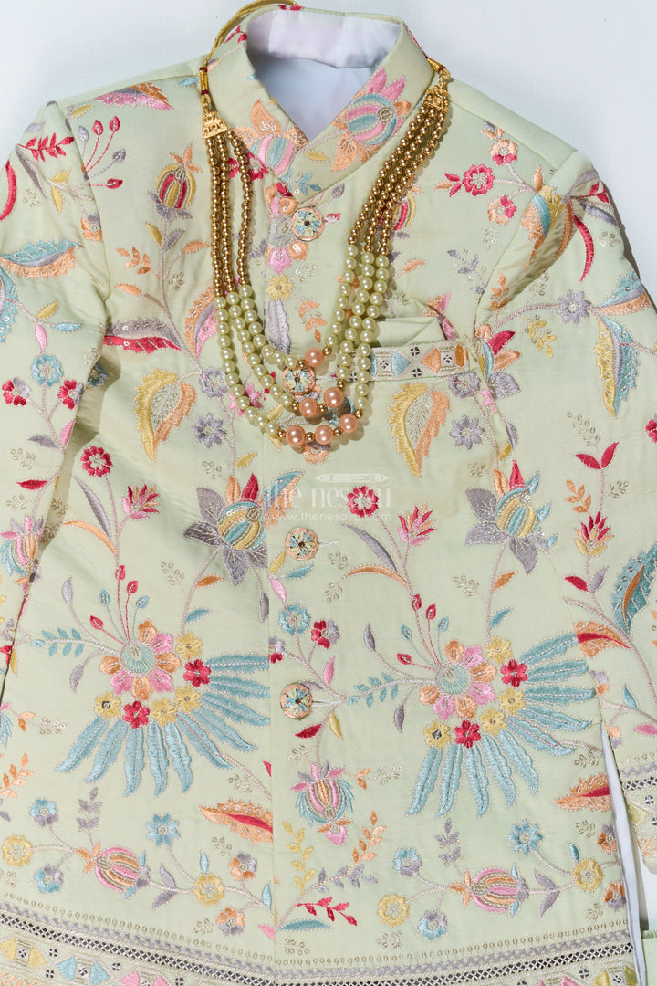 The Nesavu Boys Sherwani Boys Designer Kurta for Wedding with Embroidered Details and Silk Pants for Festive Wear Nesavu Nesavu Boys Designer Kurta Wedding Embroidery Silk Pants Traditional Wear