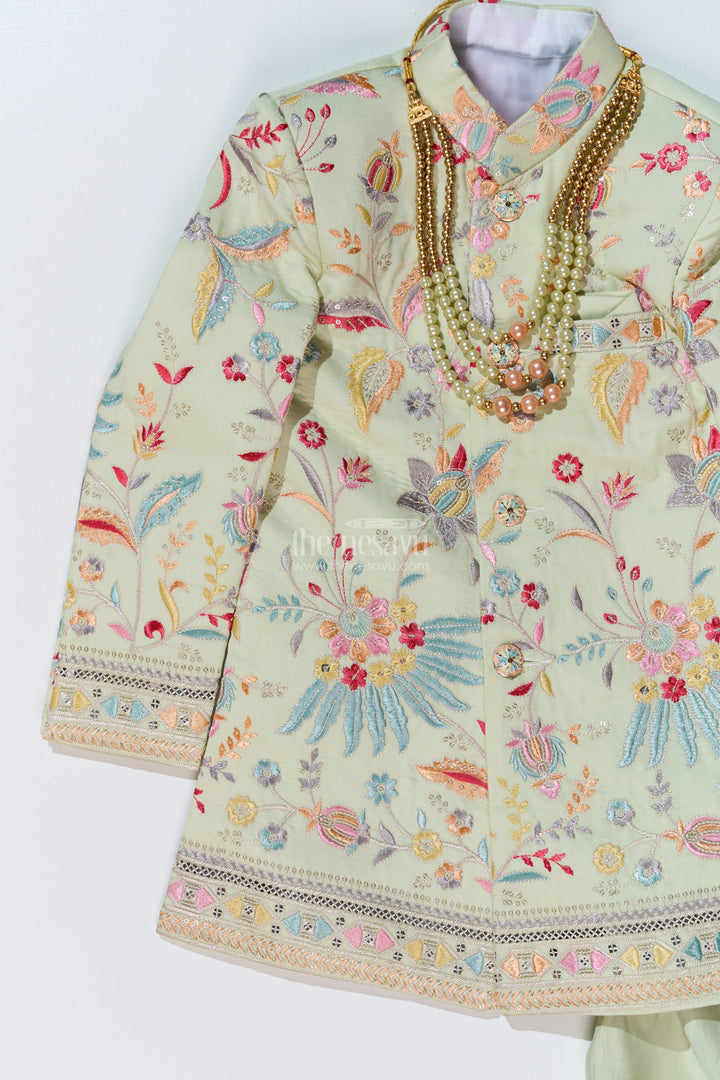 The Nesavu Boys Sherwani Boys Designer Kurta for Wedding with Embroidered Details and Silk Pants for Festive Wear Nesavu Nesavu Boys Designer Kurta Wedding Embroidery Silk Pants Traditional Wear