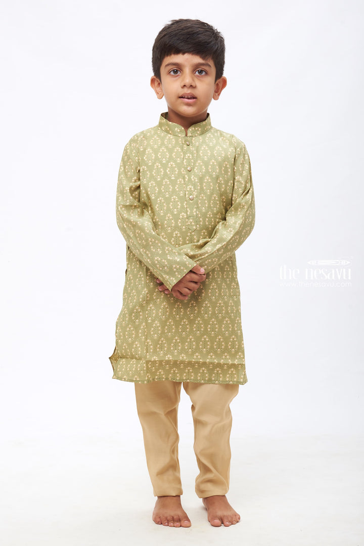 The Nesavu Boys Kurtha Set Boys Designer Kurta Pant: Paisley Patterned Forest Green Kurta Ensemble with White Trousers Nesavu 12 (3M) / Green / Blend Silk BES421B-12 Boys Kurta Sets for Festive Celebrations | Vibrant and Stylish | The Nesavu