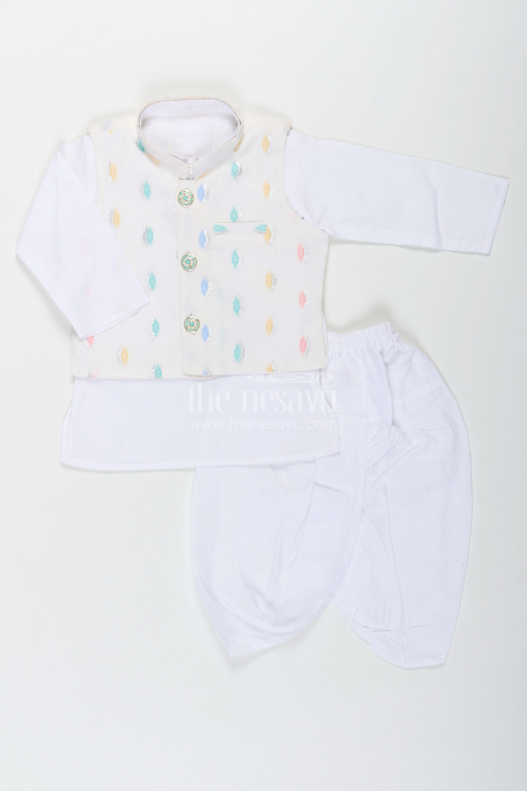 The Nesavu Boys Dothi Set Boys Dhoti Jacket Set in White Cotton with Thread Weave Embellished Jacket and Kurta Nesavu Nesavu Boys Dhoti Jacket Set White Cotton Thread Weave Embellishments Classic Kurta
