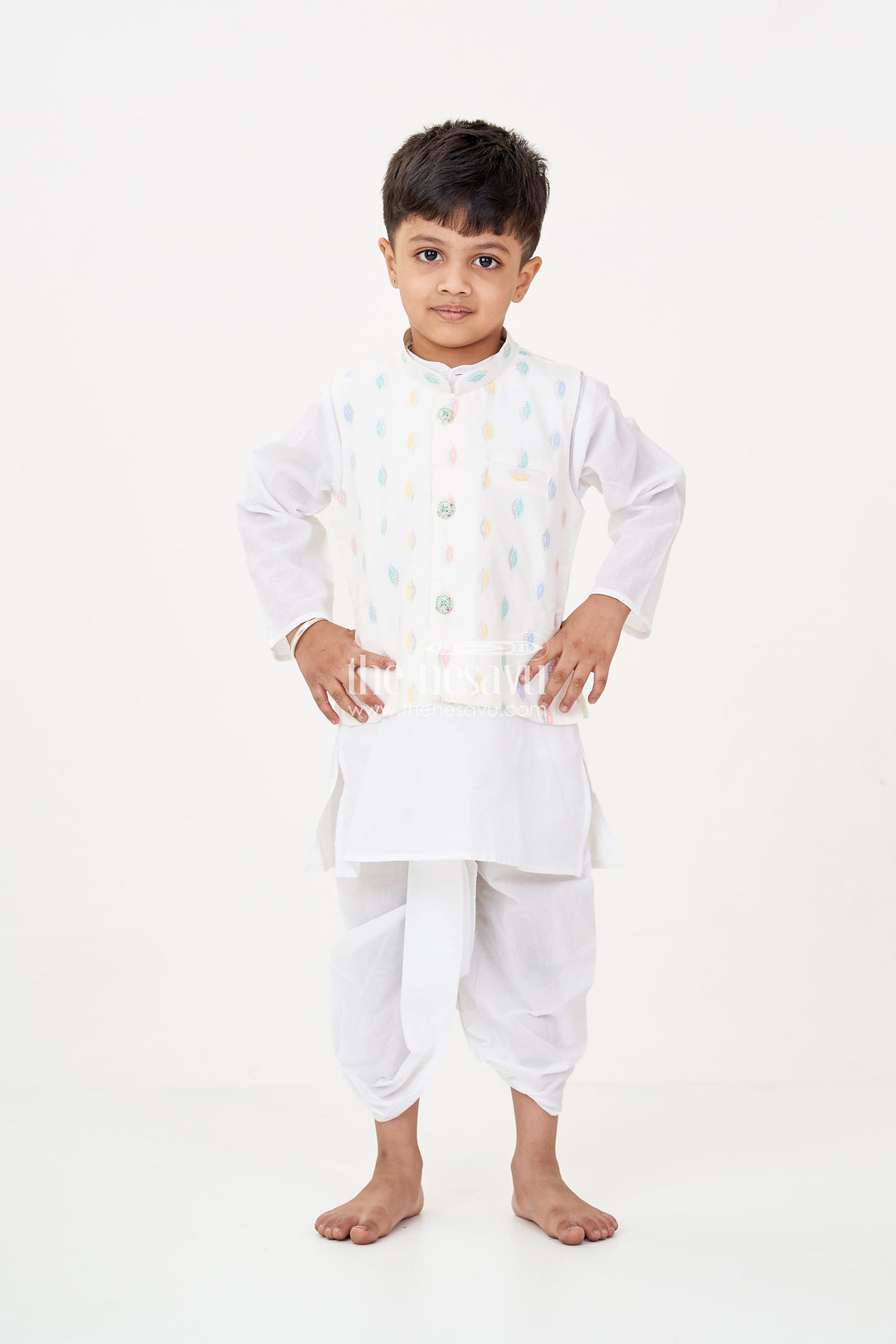 The Nesavu Boys Dothi Set Boys Dhoti Jacket Set in White Cotton with Thread Weave Embellished Jacket and Kurta Nesavu Nesavu Boys Dhoti Jacket Set White Cotton Thread Weave Embellishments Classic Kurta