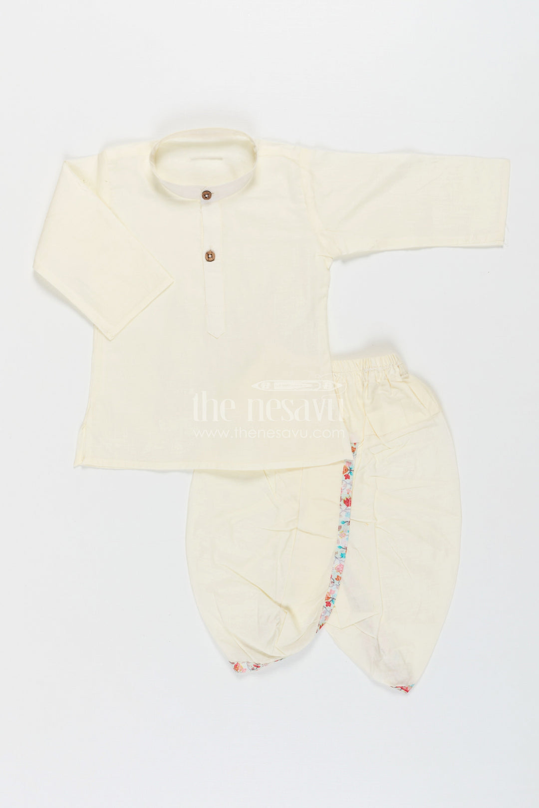 The Nesavu Boys Dothi Set Boys Dhoti Kurta Jacket Set in Beige Cotton with Digital Print Vest and Traditional Dhoti Pants Nesavu Nesavu Boys Dhoti Kurta Jacket Set Beige Cotton Base Multicolor Digital Print Vest