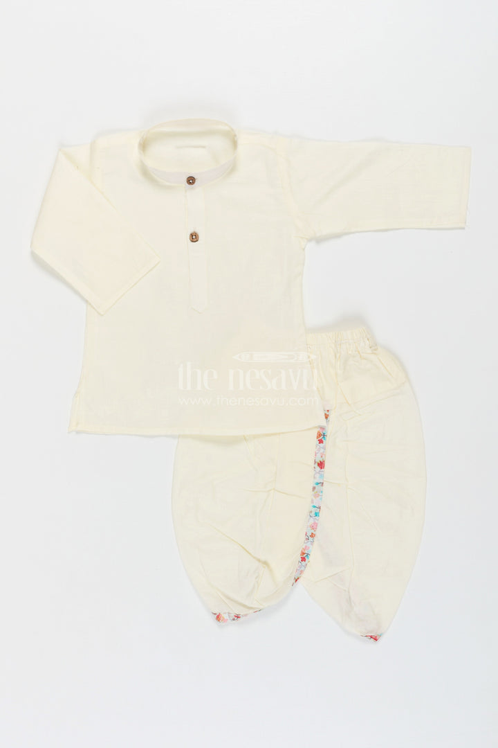 The Nesavu Boys Dothi Set Boys Dhoti Kurta Jacket Set in Beige Cotton with Digital Print Vest and Traditional Dhoti Pants Nesavu Nesavu Boys Dhoti Kurta Jacket Set Beige Cotton Base Multicolor Digital Print Vest