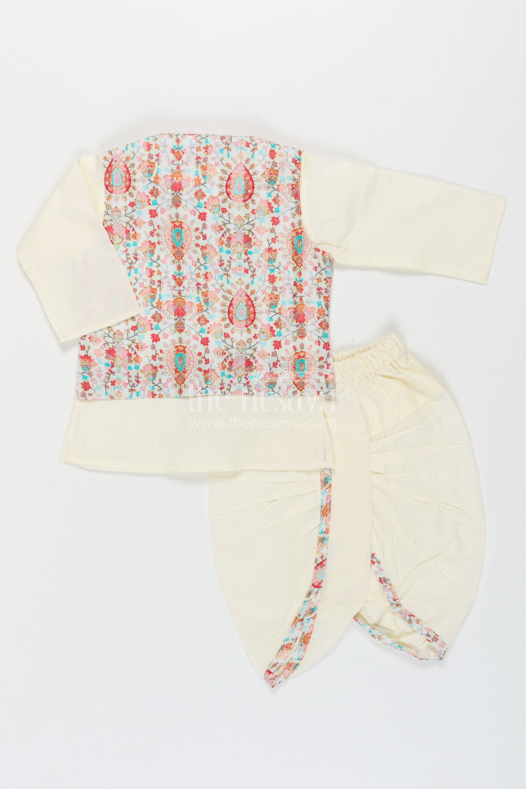 The Nesavu Boys Dothi Set Boys Dhoti Kurta Jacket Set in Beige Cotton with Digital Print Vest and Traditional Dhoti Pants Nesavu Nesavu Boys Dhoti Kurta Jacket Set Beige Cotton Base Multicolor Digital Print Vest