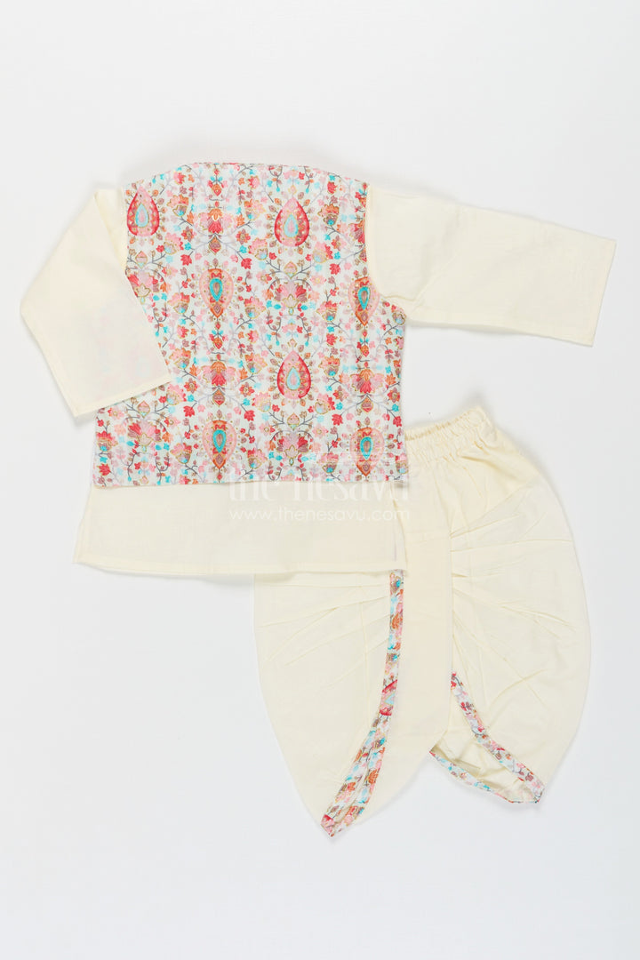The Nesavu Boys Dothi Set Boys Dhoti Kurta Jacket Set in Beige Cotton with Digital Print Vest and Traditional Dhoti Pants Nesavu Nesavu Boys Dhoti Kurta Jacket Set Beige Cotton Base Multicolor Digital Print Vest