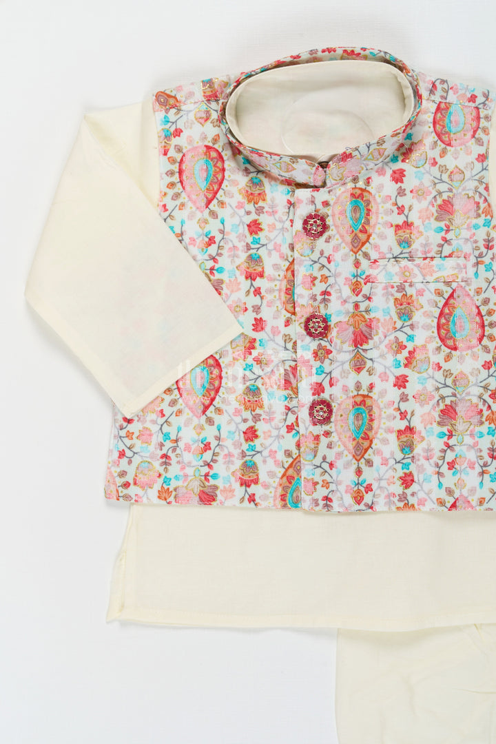 The Nesavu Boys Dothi Set Boys Dhoti Kurta Jacket Set in Beige Cotton with Digital Print Vest and Traditional Dhoti Pants Nesavu Nesavu Boys Dhoti Kurta Jacket Set Beige Cotton Base Multicolor Digital Print Vest