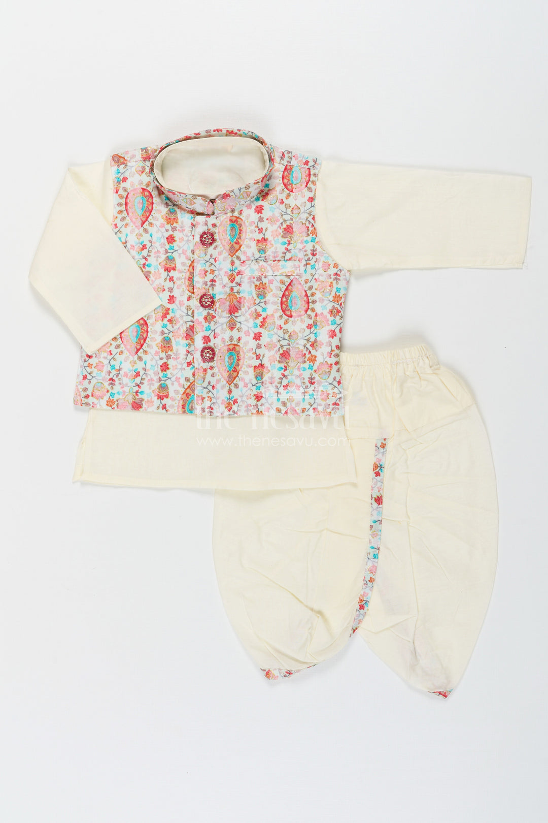 The Nesavu Boys Dothi Set Boys Dhoti Kurta Jacket Set in Beige Cotton with Digital Print Vest and Traditional Dhoti Pants Nesavu Nesavu Boys Dhoti Kurta Jacket Set Beige Cotton Base Multicolor Digital Print Vest