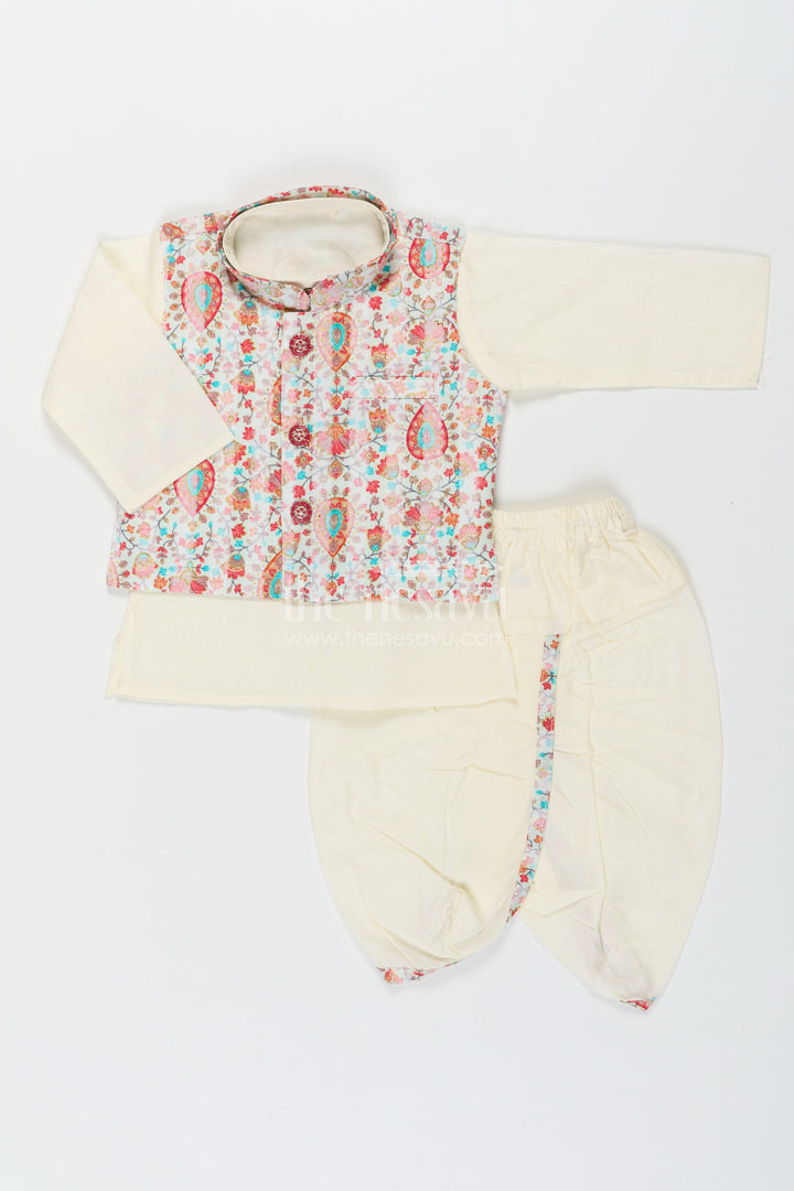 The Nesavu Boys Dothi Set Boys Dhoti Kurta Jacket Set in Beige Cotton with Digital Print Vest and Traditional Dhoti Pants Nesavu Nesavu Boys Dhoti Kurta Jacket Set Beige Cotton Base Multicolor Digital Print Vest
