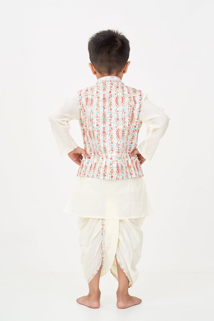 The Nesavu Boys Dothi Set Boys Dhoti Kurta Jacket Set in Beige Cotton with Digital Print Vest and Traditional Dhoti Pants Nesavu Nesavu Boys Dhoti Kurta Jacket Set Beige Cotton Base Multicolor Digital Print Vest