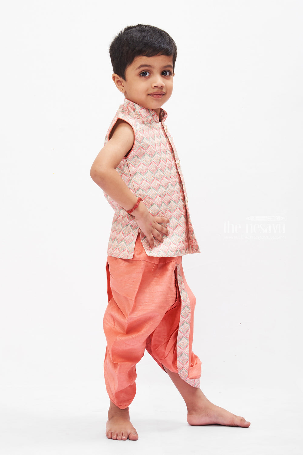 The Nesavu Boys Dothi Set Boys Dhoti Kurta Set in Rustic Orange - Ethnic Elegance for Celebratory Occasions Nesavu Rustic Orange Boys Dhoti Kurta Set | Traditional & Trendy Kids Ethnic | The Nesavu