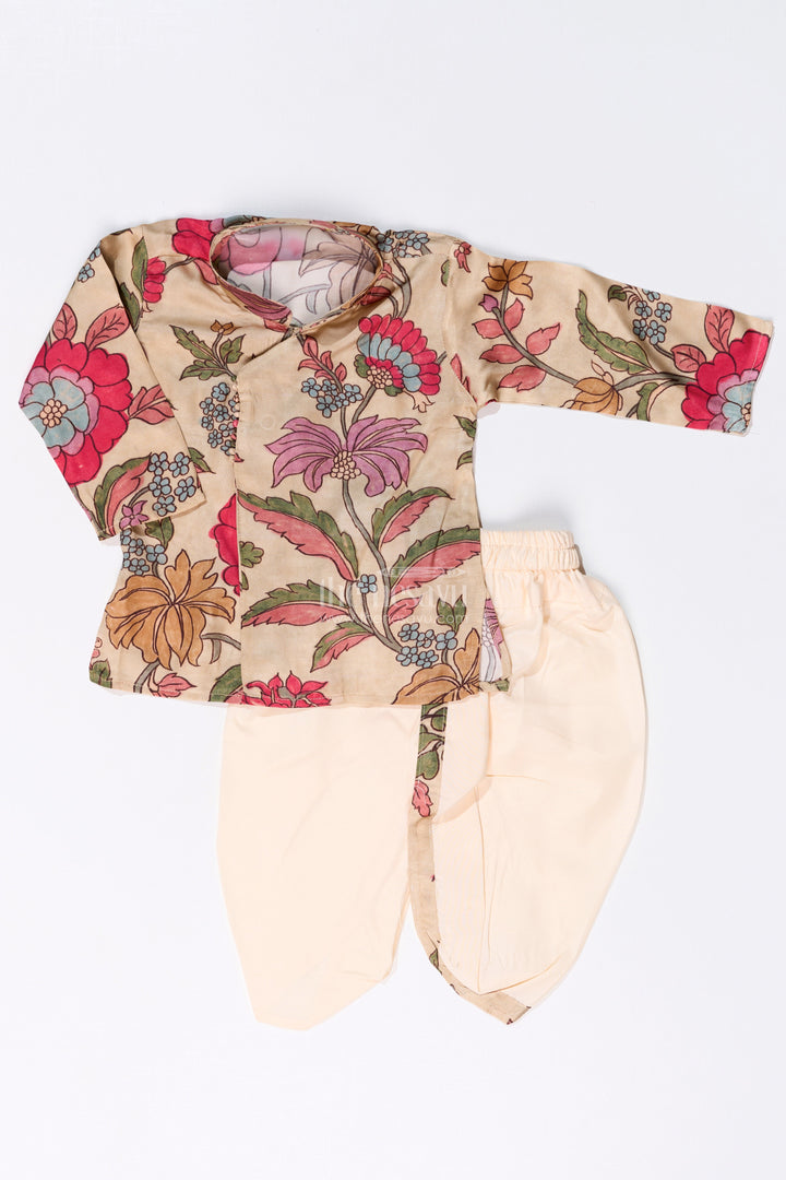 The Nesavu Boys Dothi Set Boys Dhoti Kurta Set with Kalamkari Printed Muslin Silk for Traditional and Festive Wear Nesavu 12 (3M) / Beige BES652A-12 Nesavu Boys Dhoti Kurta Set Kalamkari Printed Muslin Silk Festive Traditional Wear