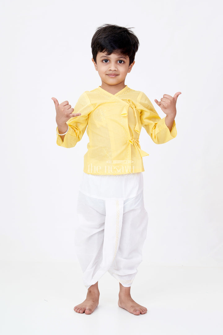 The Nesavu Boys Dothi Set Boys Dhoti Kurtha Set in Yellow Cotton with Embroidered Tie Wrap Style and Contrasting Dhoti Pants Nesavu 12 (3M) / Yellow BES665A-12 Nesavu Boys Cotton Dhoti Kurtha Set Embroidery Wrap Tie Design Festive Yellow