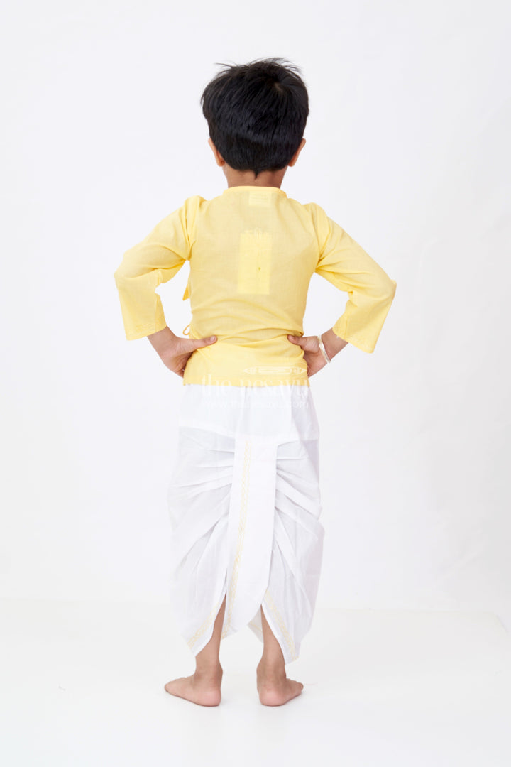 The Nesavu Boys Dothi Set Boys Dhoti Kurtha Set in Yellow Cotton with Embroidered Tie Wrap Style and Contrasting Dhoti Pants Nesavu Nesavu Boys Cotton Dhoti Kurtha Set Embroidery Wrap Tie Design Festive Yellow
