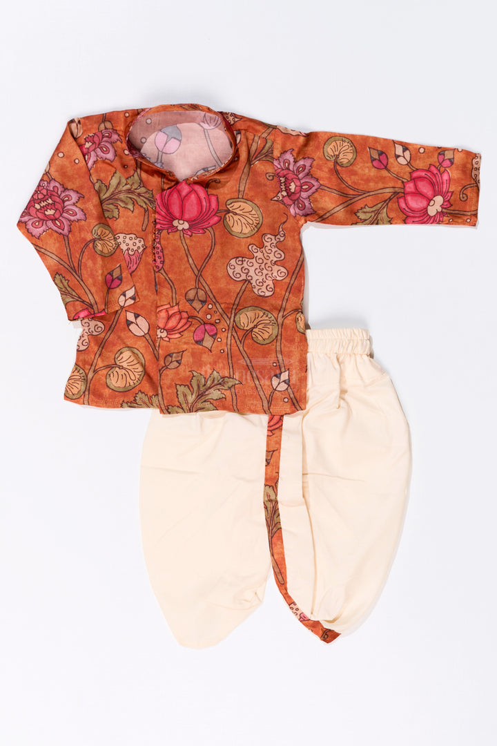 The Nesavu Boys Dothi Set Boys Dhoti Pajama Suit with Kalamkari Printed Muslin Silk for Traditional and Festive Wear Nesavu 12 (3M) / Orange BES653A-12 Nesavu Boys Dhoti Pajama Suit Kalamkari Printed Muslin Silk Festive Cultural Wear
