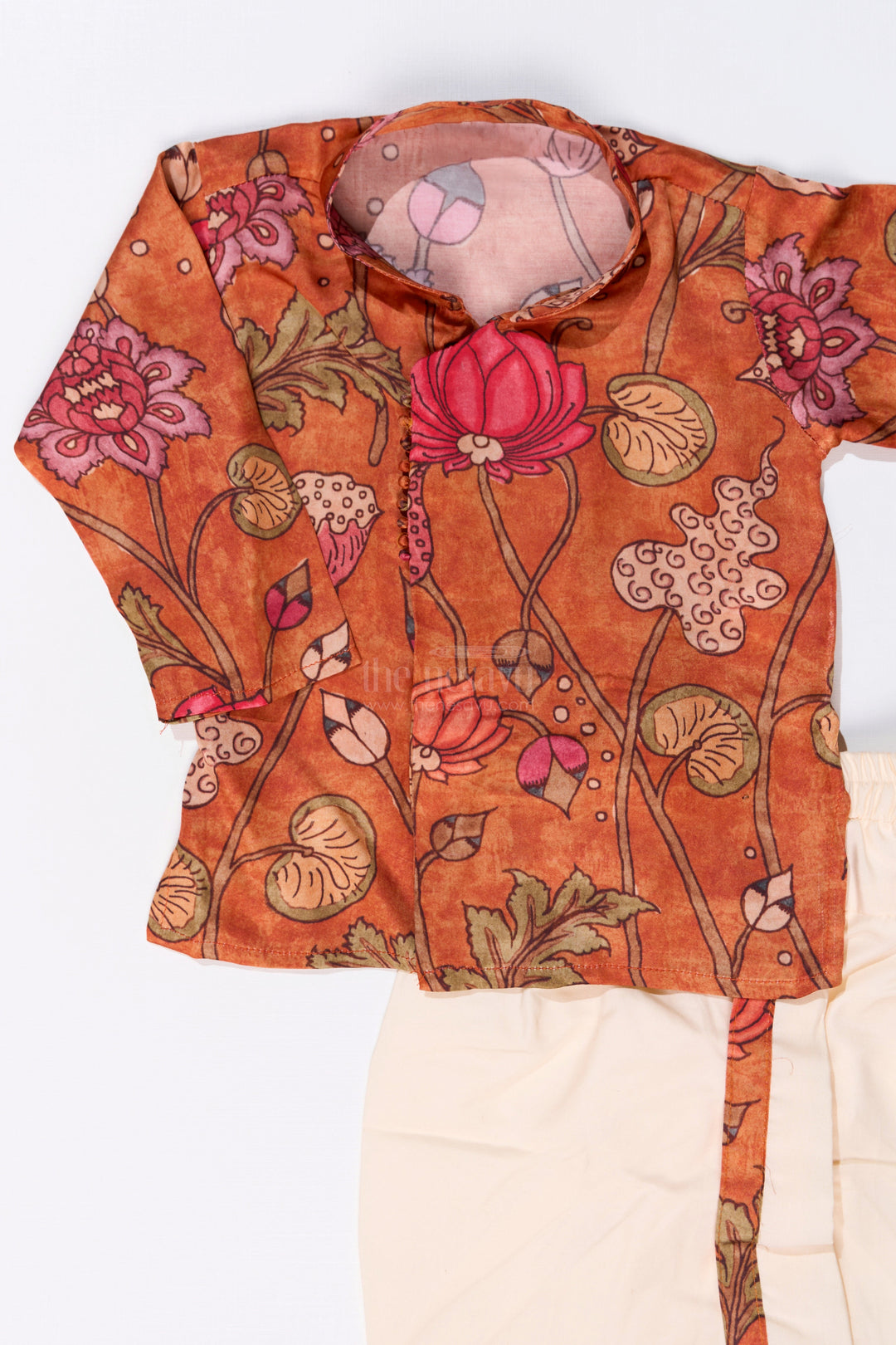 The Nesavu Boys Dothi Set Boys Dhoti Pajama Suit with Kalamkari Printed Muslin Silk for Traditional and Festive Wear Nesavu Nesavu Boys Dhoti Pajama Suit Kalamkari Printed Muslin Silk Festive Cultural Wear