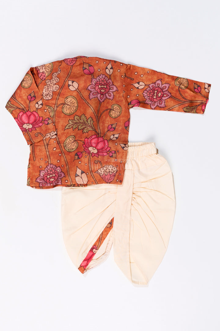 The Nesavu Boys Dothi Set Boys Dhoti Pajama Suit with Kalamkari Printed Muslin Silk for Traditional and Festive Wear Nesavu Nesavu Boys Dhoti Pajama Suit Kalamkari Printed Muslin Silk Festive Cultural Wear