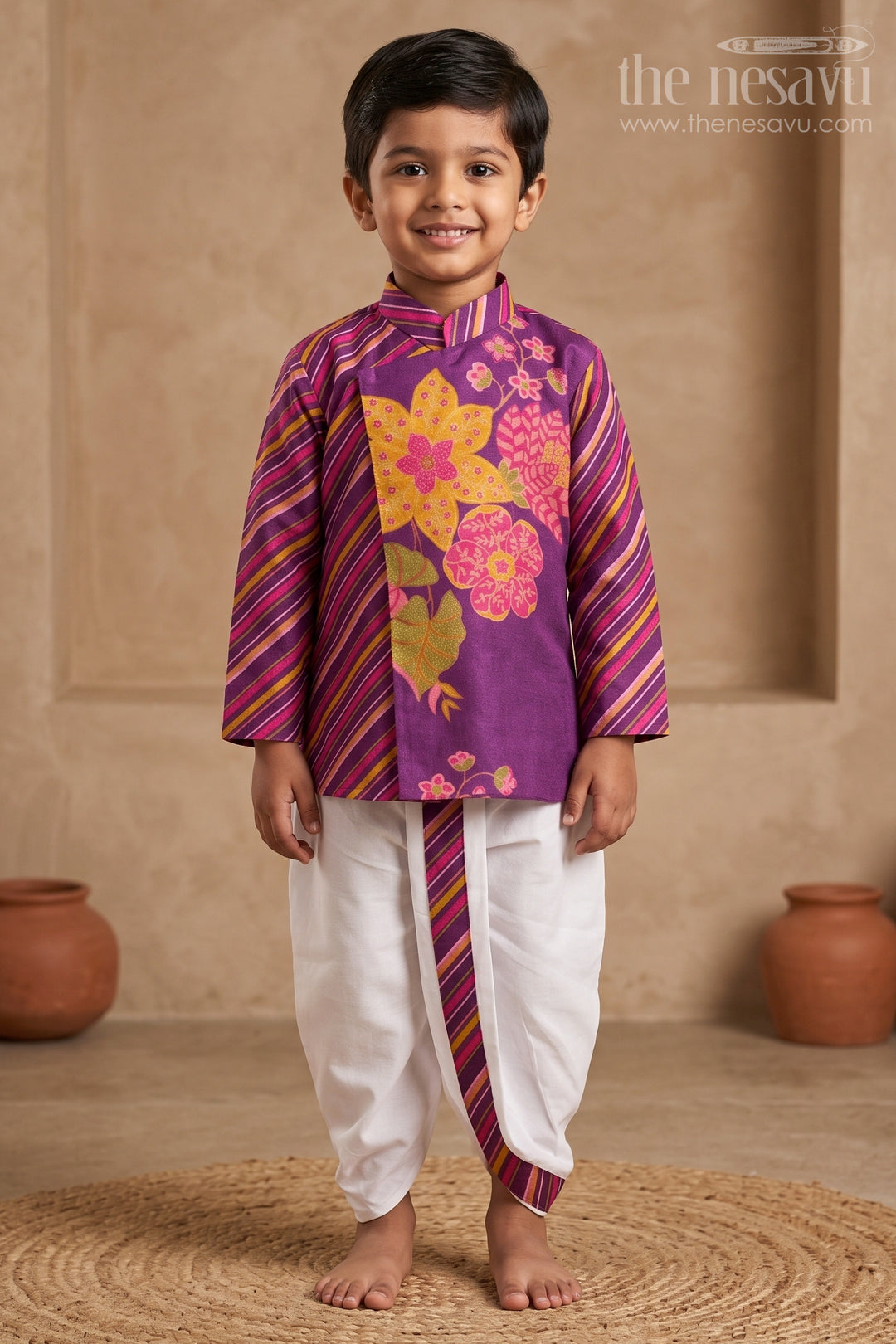 The Nesavu Boys Dothi Set Boys Dhoti Set for Ethnic Day and Festive School Celebrations Nesavu 14 (6M) / Purple / Viscose BES1007C-14 Nesavu Boys Dhoti Set For Ethnic Day And Festive Wear With Digital Print Top And Comfortable Fit