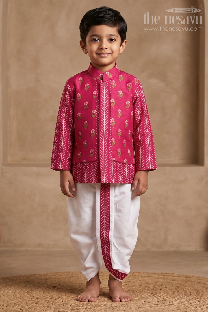 The Nesavu Boys Dothi Set Boys Dhoti Set for Ethnic Day and Festive School Functions Nesavu 14 (6M) / Pink / Viscose BES1006C-14 Nesavu Boys Dhoti Set For Ethnic Day And Festive Wear With Digital Print Top And Comfortable Fit