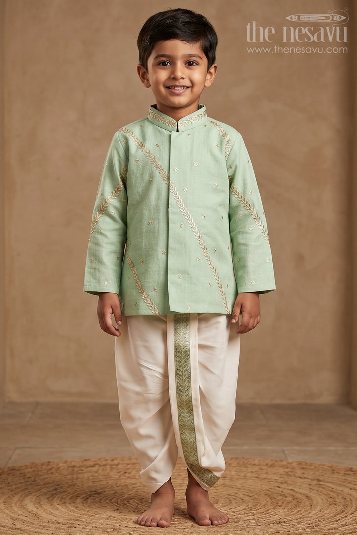 The Nesavu Boys Dothi Set Boys Dhoti Set for Ethnic Day and Traditional School Events Nesavu 14 (6M) / Green / Viscose BES1008A-14 Nesavu Boys Dhoti Set For Ethnic Day With Zari Design Top And Comfortable Traditional Outfit