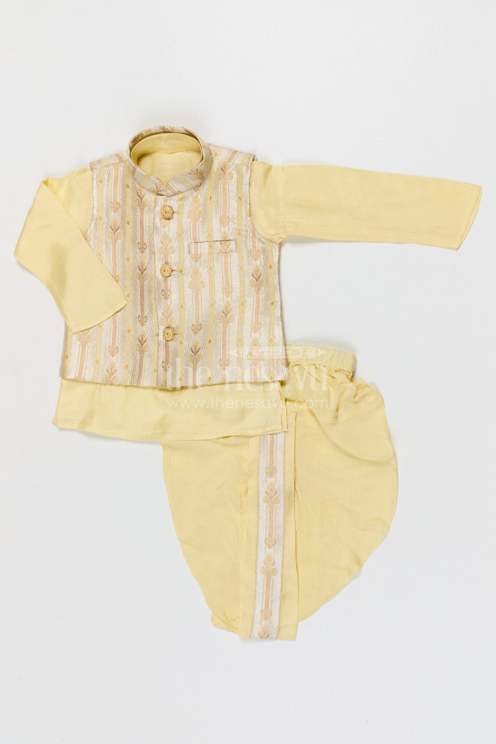 The Nesavu Boys Dothi Set Boys Dhoti Set for Festivals and Traditional Family Functions Nesavu 12 (3M) / Yellow / Cotton Silk BES952B-12 Nesavu boys silk cotton dhoti set with designer jacket for festive occasions