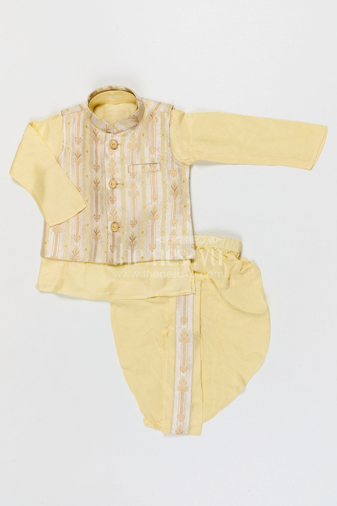 The Nesavu Boys Dothi Set Boys Dhoti Set for Festivals and Traditional Family Functions Nesavu 12 (3M) / Yellow / Cotton Silk BES952B-12 Nesavu boys silk cotton dhoti set with designer jacket for festive occasions