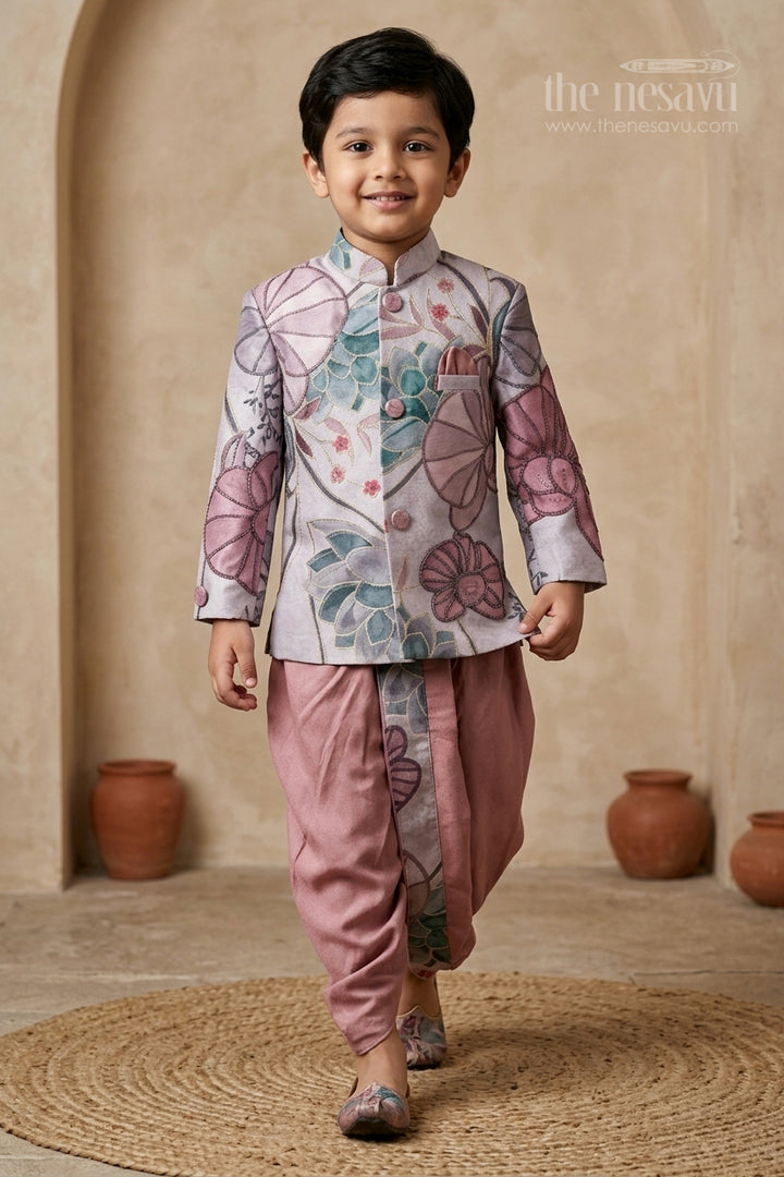 The Nesavu Boys Dothi Set Boys Dhoti Set for Festive Celebrations and Traditional Ceremonies Nesavu 14 (6M) / Peach / Viscose BES966A-14 Nesavu boys viscose blend silk dhoti set with digital print jacket for festive celebrations