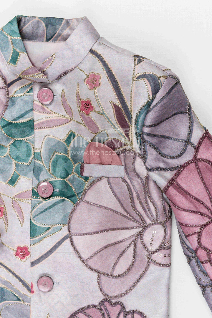 The Nesavu Boys Dothi Set Boys Dhoti Set for Festive Celebrations and Traditional Ceremonies Nesavu Nesavu boys viscose blend silk dhoti set with digital print jacket for festive celebrations