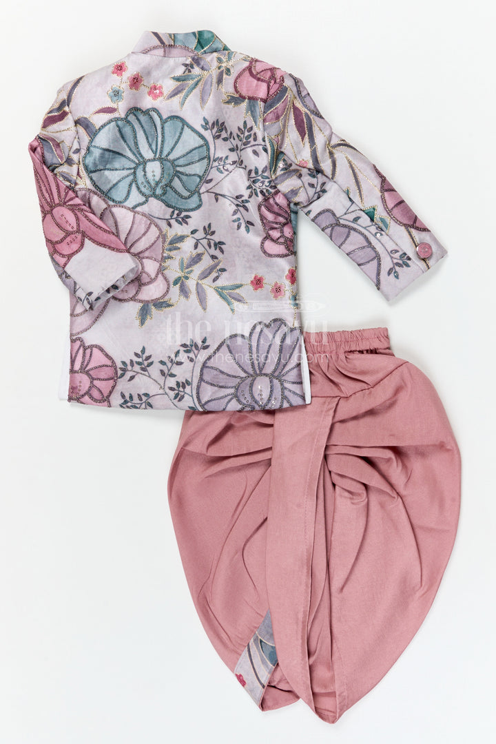 The Nesavu Boys Dothi Set Boys Dhoti Set for Festive Celebrations and Traditional Ceremonies Nesavu Nesavu boys viscose blend silk dhoti set with digital print jacket for festive celebrations