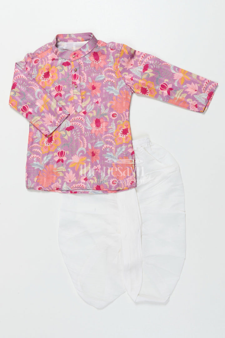 The Nesavu Boys Dothi Set Boys Dhoti Set for Festive Functions and Cultural Events Nesavu Nesavu boys silk cotton dhoti set floral print festive celebrations ethnic school days