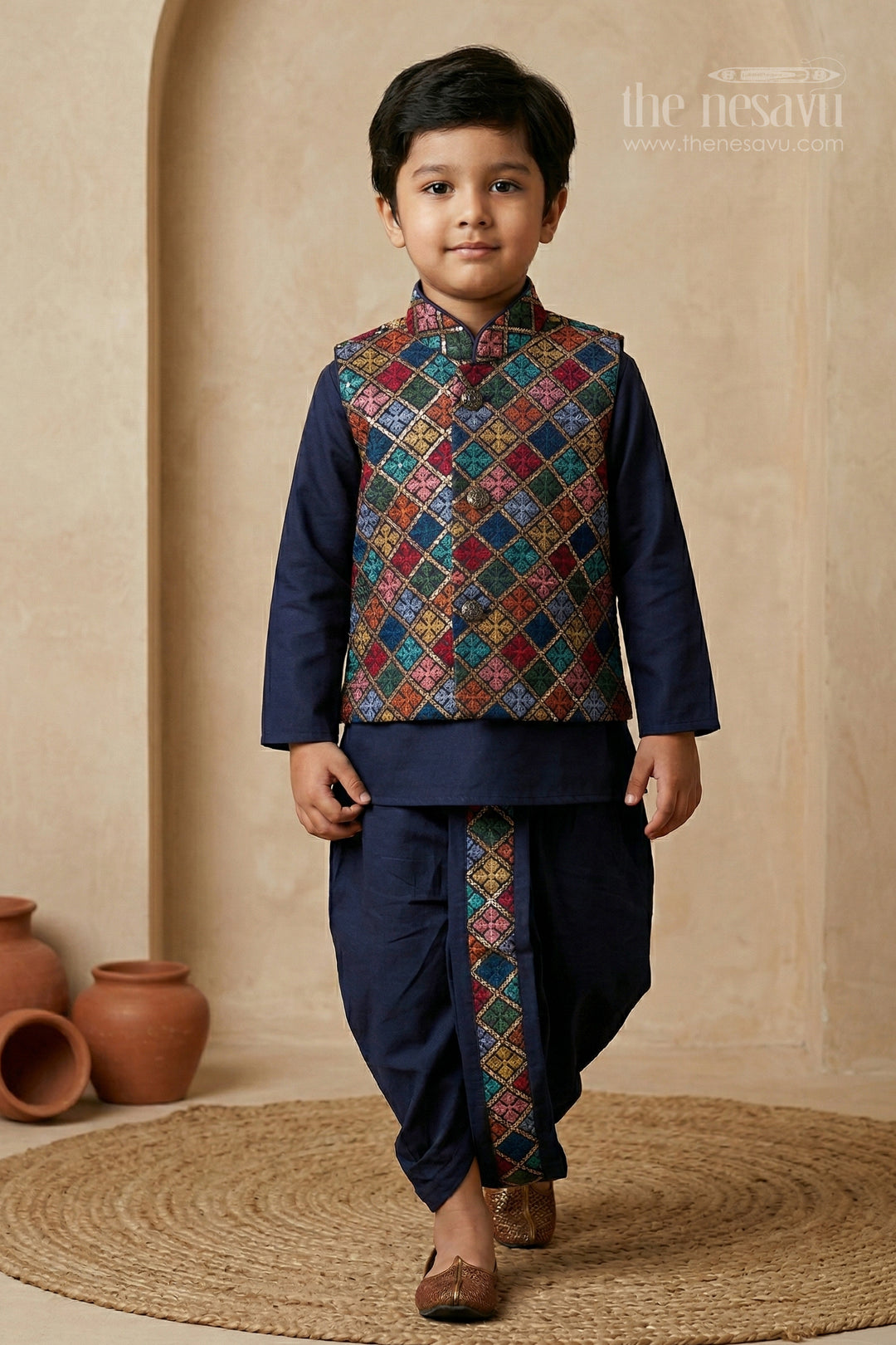 The Nesavu Boys Dothi Set Boys Dhoti Set for Festive Occasions and Traditional Functions Nesavu 12 (3M) / Blue / Cotton Silk BES951A-12 Nesavu boys silk cotton dhoti set with embroidered jacket for festive occasions