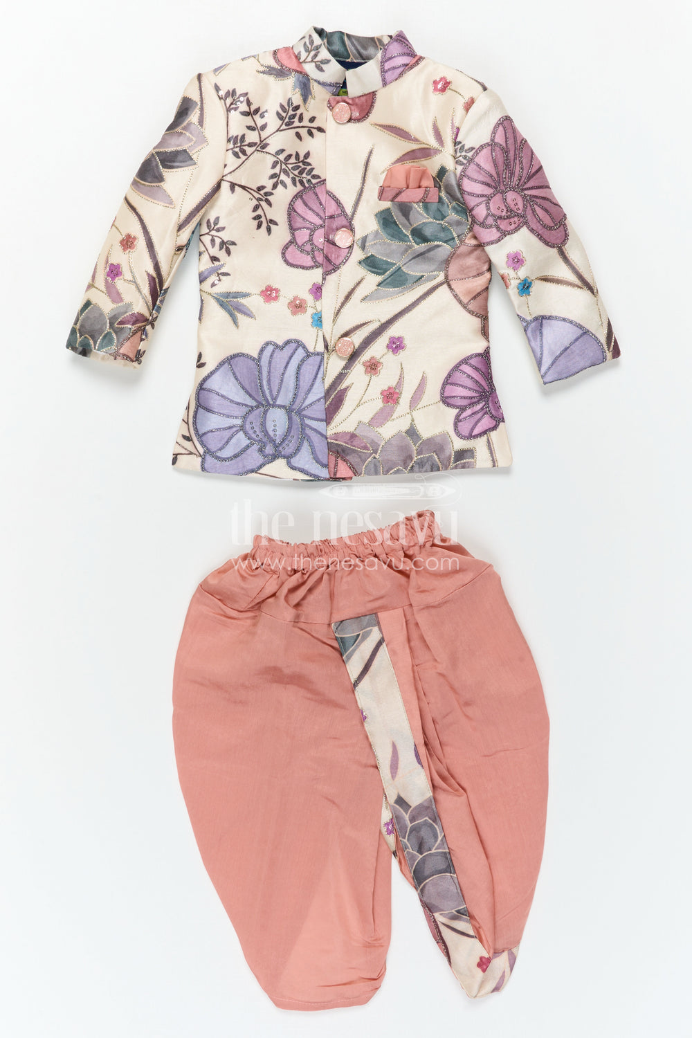 The Nesavu Boys Dothi Set Boys Dhoti Set for Festive Wear and Traditional Functions Nesavu Nesavu Boys Dhoti Set In Viscose Silk With Digital Print For Festive Wear And Traditional Functions In Cream