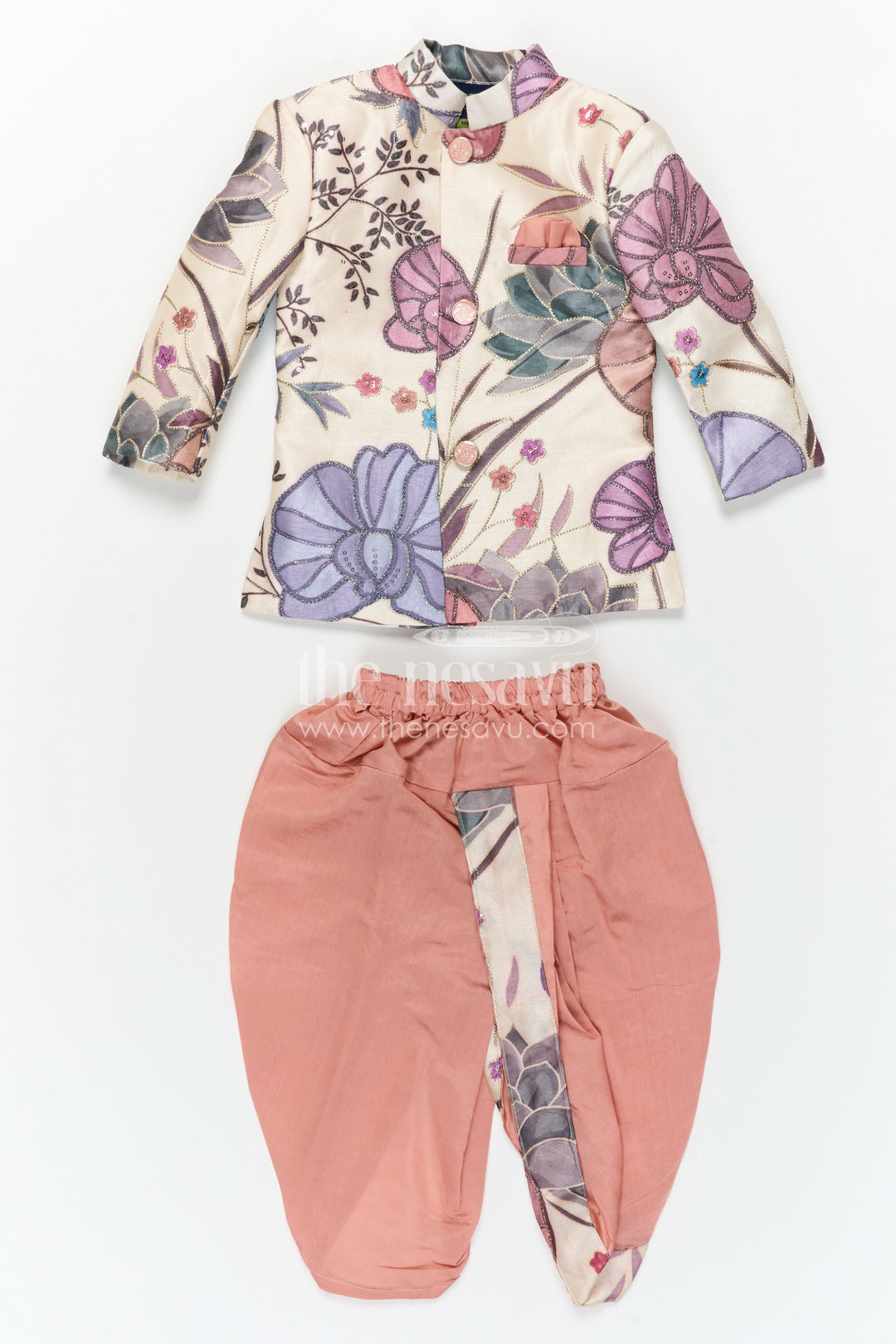 The Nesavu Boys Dothi Set Boys Dhoti Set for Festive Wear and Traditional Functions Nesavu Nesavu Boys Dhoti Set In Viscose Silk With Digital Print For Festive Wear And Traditional Functions In Cream