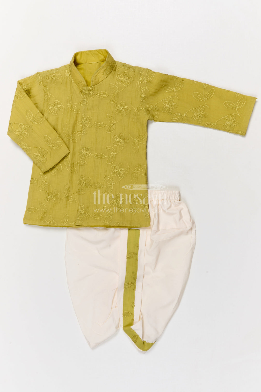 The Nesavu Boys Dothi Set Boys Dhoti Set for Traditional Functions and Festive Wear Nesavu 10 (NB) / Green / Silk Blend BES769B-10 Nesavu boys dhoti set for traditional and festive wear in green viscose blend silk