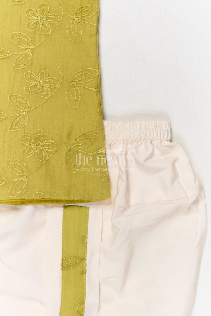 The Nesavu Boys Dothi Set Boys Dhoti Set for Traditional Functions and Festive Wear Nesavu Nesavu boys dhoti set for traditional and festive wear in green viscose blend silk