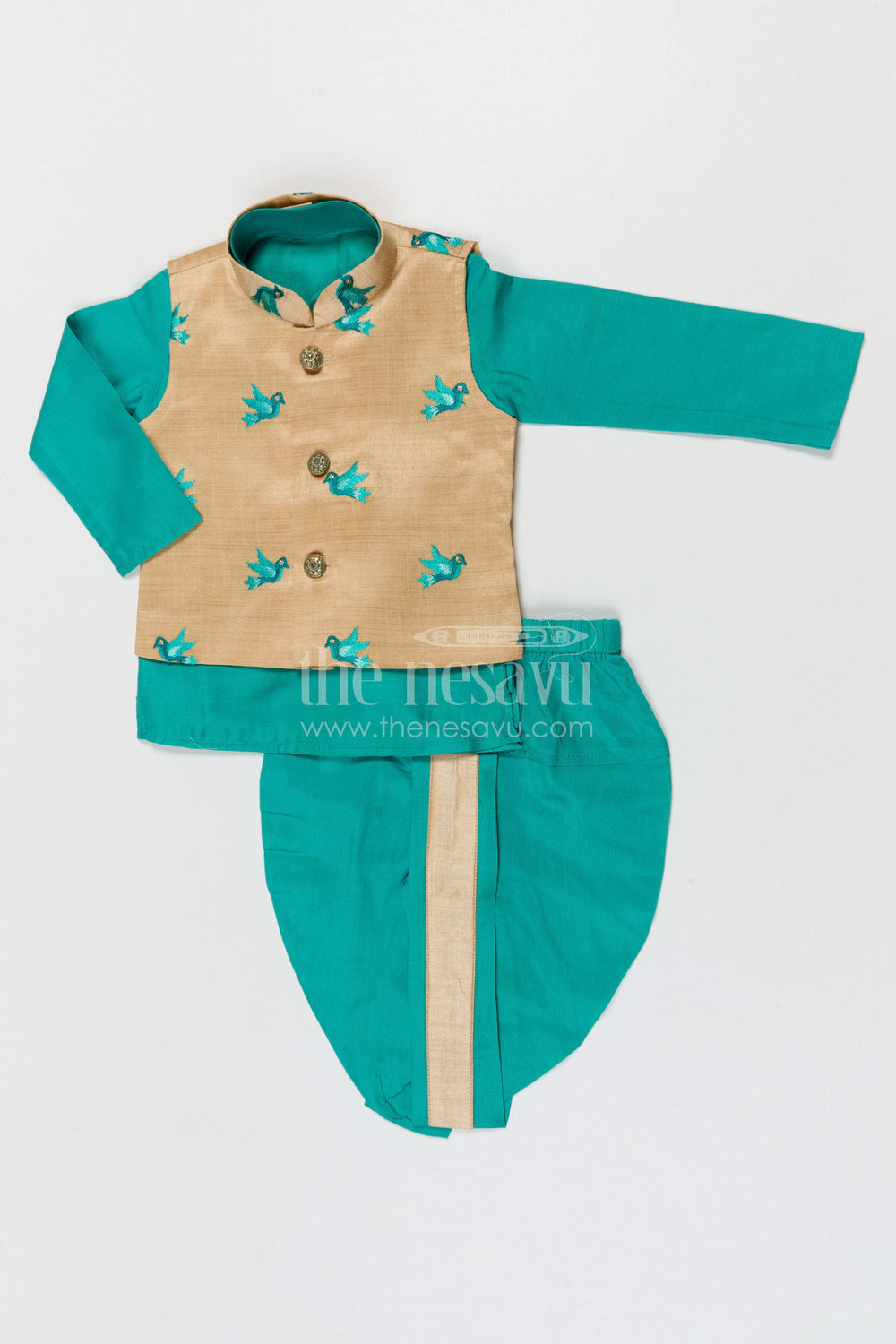 The Nesavu Boys Dothi Set Boys Dhoti Set for Weddings and Traditional Celebrations Nesavu 10 (NB) / Green / Cotton Silk BES953A-10 Nesavu boys silk cotton dhoti set with thread embroidery jacket for weddings