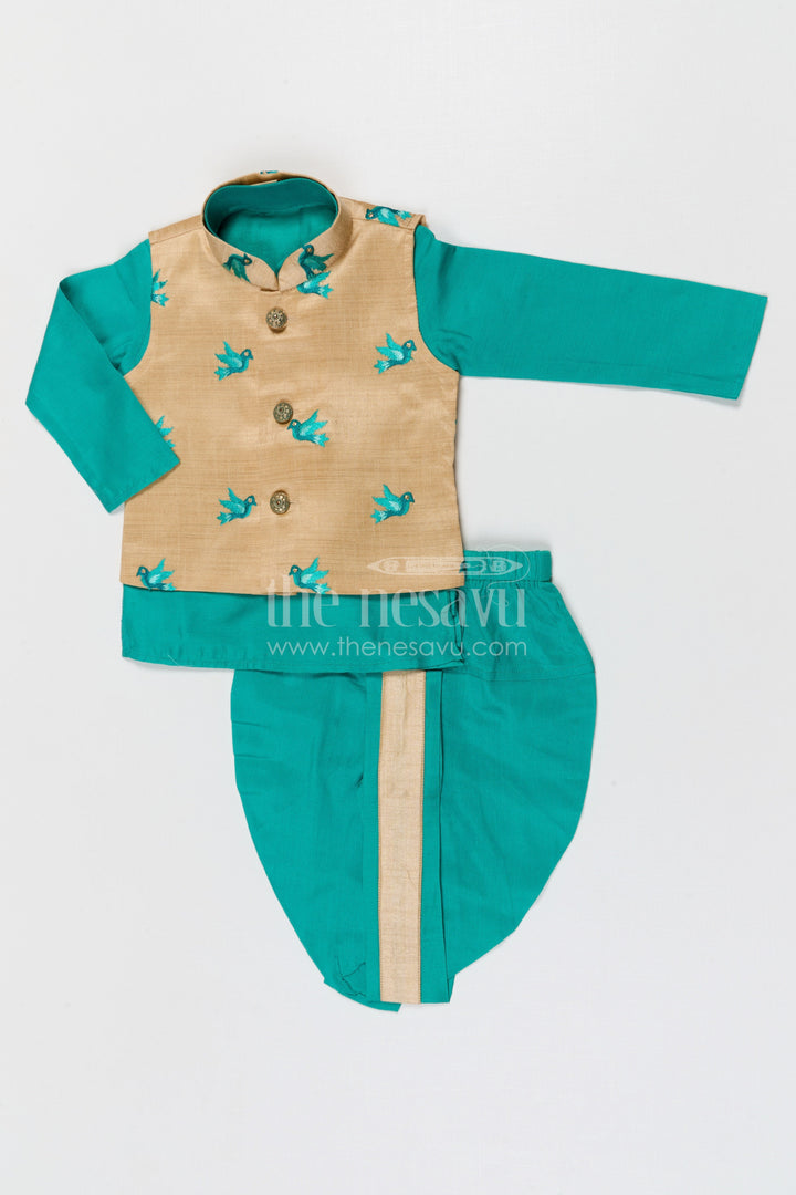 The Nesavu Boys Dothi Set Boys Dhoti Set for Weddings and Traditional Celebrations Nesavu 10 (NB) / Green / Cotton Silk BES953A-10 Nesavu boys silk cotton dhoti set with thread embroidery jacket for weddings