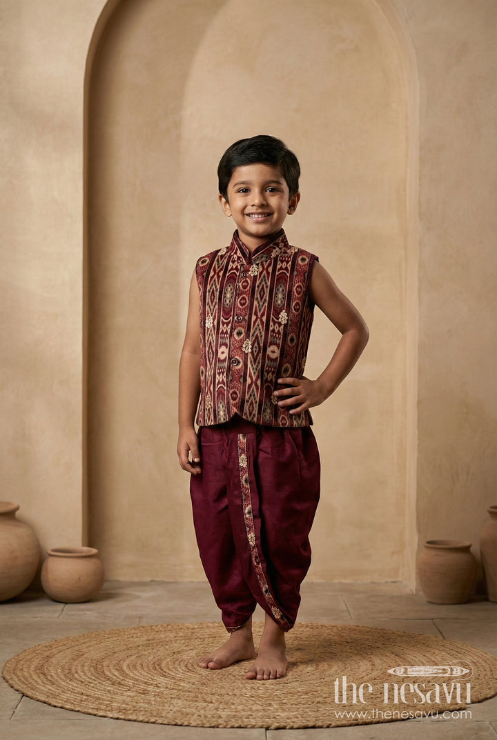 The Nesavu Boys Dothi Set Boys Dhoti Set with Embroidered Velvet Kurta for Festive and Family Occasions Nesavu 12 (3M) / Brown BES878B-12 Nesavu boys velvet embroidered kurta dhoti set  perfect traditional celebrations