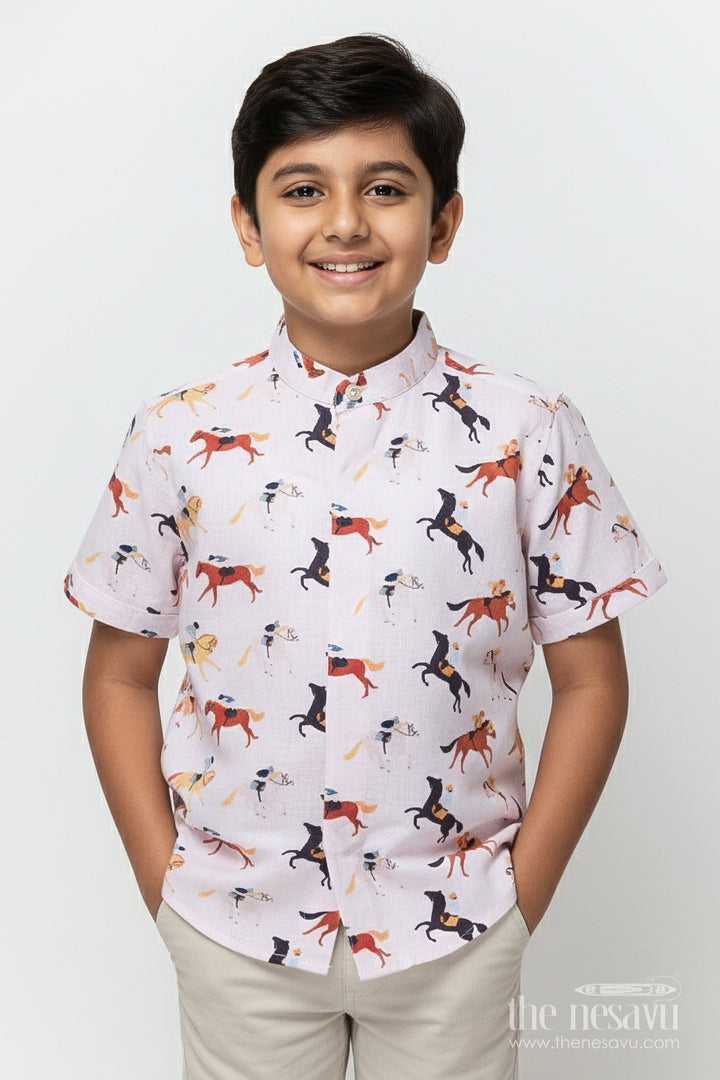 The Nesavu Boys Linen Shirt Boys Digital Animal Print Linen Shirt for Everyday Adventures Nesavu 16 (1Y) / Half white BS362A-16 Nesavu boys linen shirt digital animal print playful outings everyday style