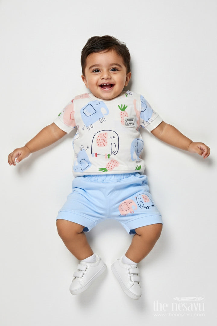 The Nesavu Boys Casual Set Boys Digital Print Cotton Set for Summer Comfort and Play Nesavu 12 (3M) / Blue BCS515B-12 Nesavu boys cotton casual set digital print top shorts summer outings play