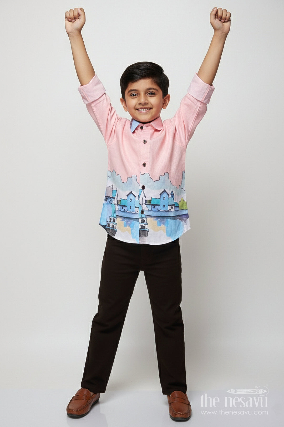 The Nesavu Boys Casual Set Boys Digital Print Kurta Set for Ethnic Day and Photo Sessions Nesavu 20 (3Y) / Pink BCS498A-20 Nesavu boys cotton kurta set digital print ethnic school days photo-ready looks