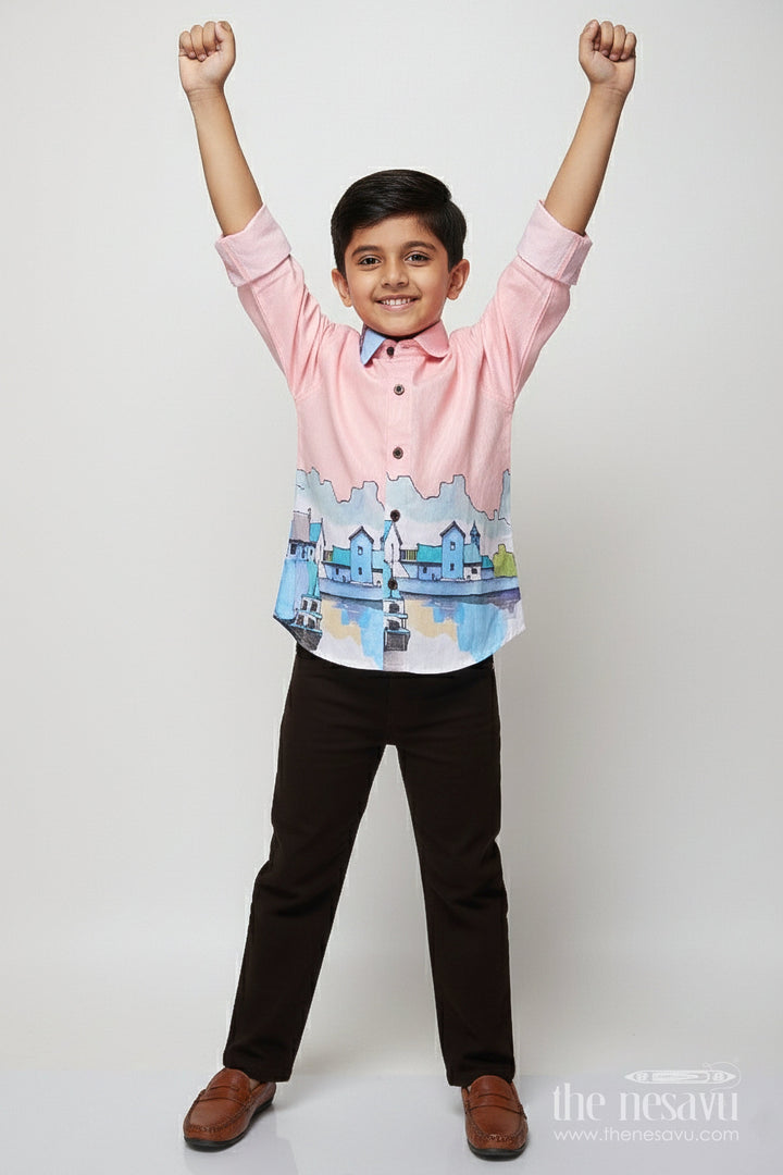 The Nesavu Boys Casual Set Boys Digital Print Kurta Set for Ethnic Day and Photo Sessions Nesavu 20 (3Y) / Pink BCS498A-20 Nesavu boys cotton kurta set digital print ethnic school days photo-ready looks