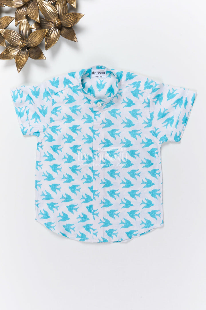 The Nesavu Boys Linen Shirt Boys Digital Print Linen Shirt for Summer Outings and Playdates Nesavu 16 (1Y) / blue BS363A-16 Nesavu boys bird print linen shirt summer playdates casual wear school outings