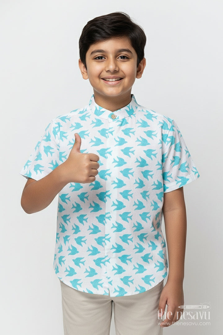 The Nesavu Boys Linen Shirt Boys Digital Print Linen Shirt for Summer Outings and Playdates Nesavu 16 (1Y) / blue BS363A-16 Nesavu boys bird print linen shirt summer playdates casual wear school outings