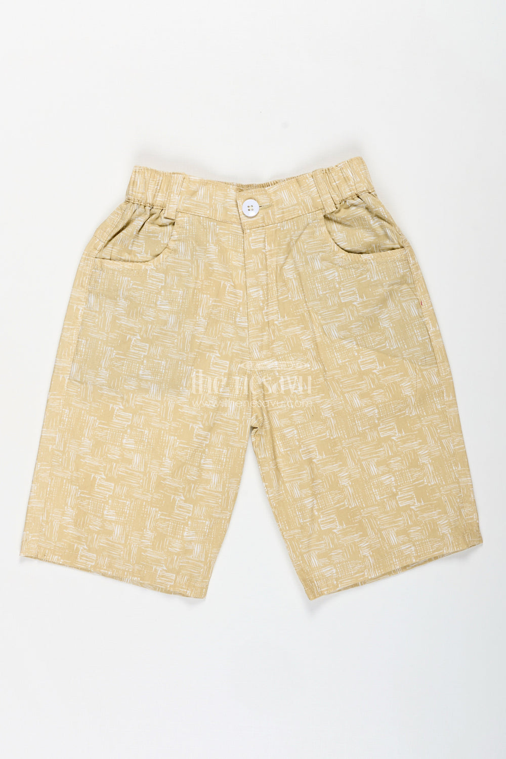 The Nesavu Boys Shorts Boys Digital Printed Shorts in Muted Yellow with Soft Cotton Blend and Casual Comfort Fit Nesavu 26 (6Y) / Yellow BWS020AB-26 Nesavu Boys Yellow Digital Printed Cotton Blend Shorts Easy Fit Stylish Look