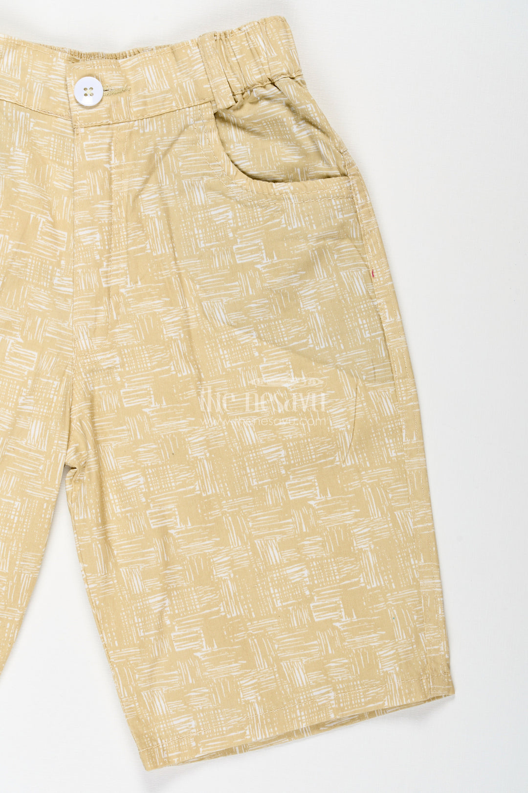 The Nesavu Boys Shorts Boys Digital Printed Shorts in Muted Yellow with Soft Cotton Blend and Casual Comfort Fit Nesavu Nesavu Boys Yellow Digital Printed Cotton Blend Shorts Easy Fit Stylish Look