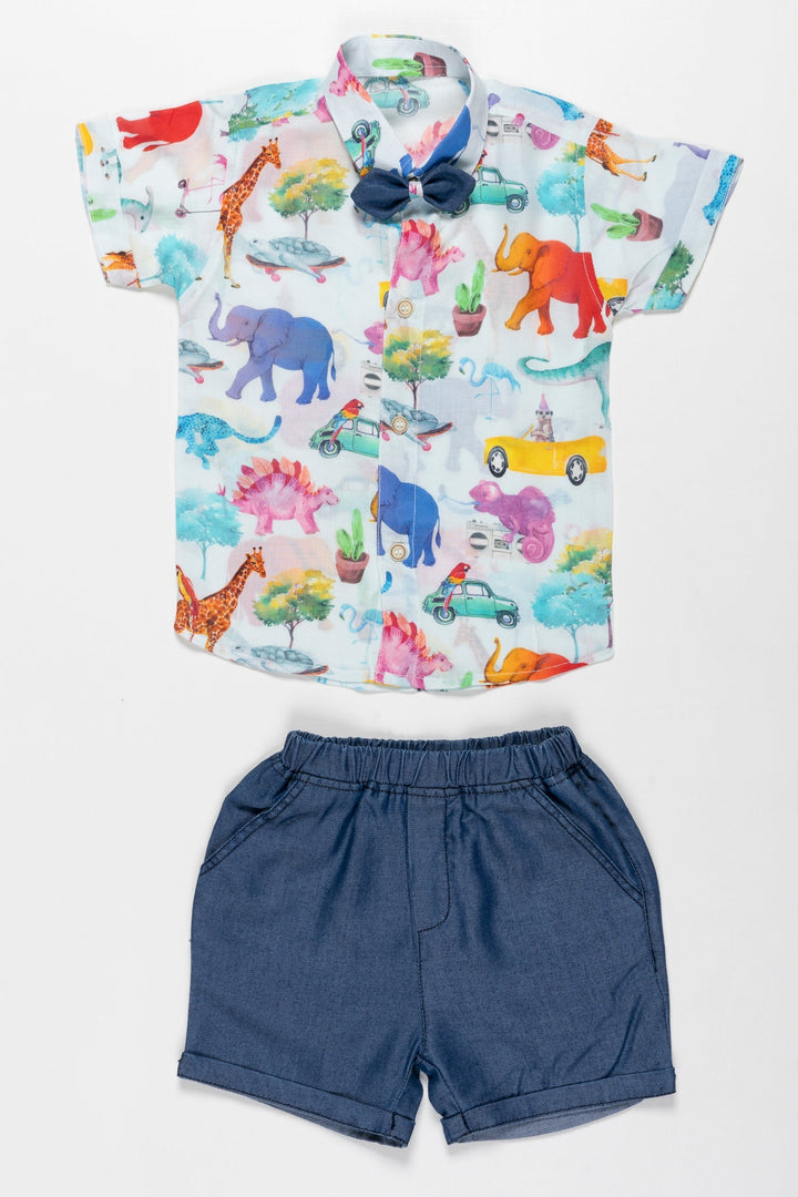 The Nesavu Boys Casual Set Boys Dinosaur Adventure Casual Shirt and Shorts Set-Fun Summer Ensemble Nesavu 10 (NB) / Blue / Muslin Silk BCS011A-10 Buy Boys Dinosaur Print Shirt & Shorts Set | Perfect for Summer and Festive Fun | The Nesavu