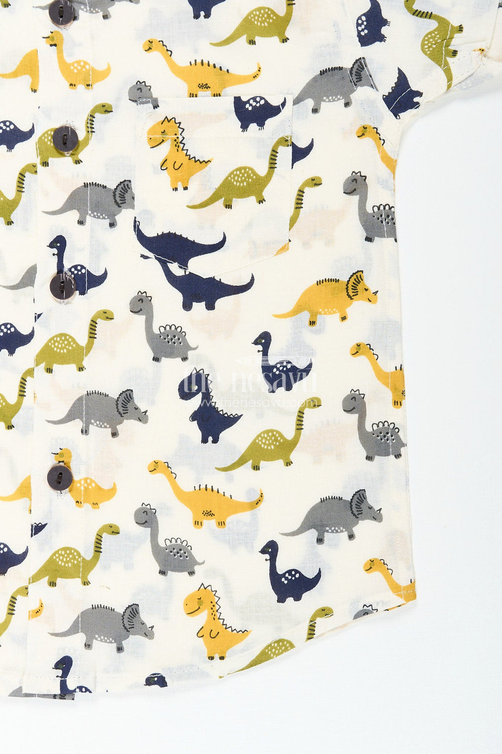 The Nesavu Boys Cotton Shirt Boys dinosaur print cotton shirt for birthdays and weekend wear Nesavu Nesavu boys dinosaur print cotton shirt  playful breathable casual wear outings