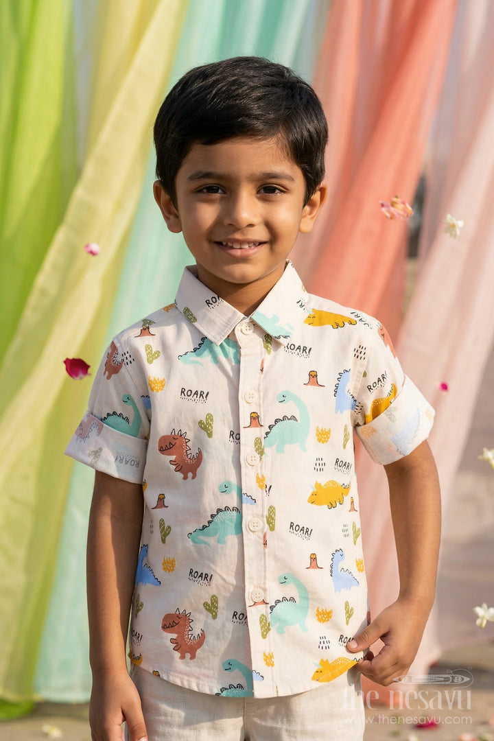 The Nesavu Boys Cotton Shirt Boys Dinosaur Print Cotton Shirt for Casual Outings and Playtime Nesavu 14 (6M) / Cream / Cotton BS427A-14 Nesavu boys cotton dinosaur print shirt for casual outings playful everyday kids wear