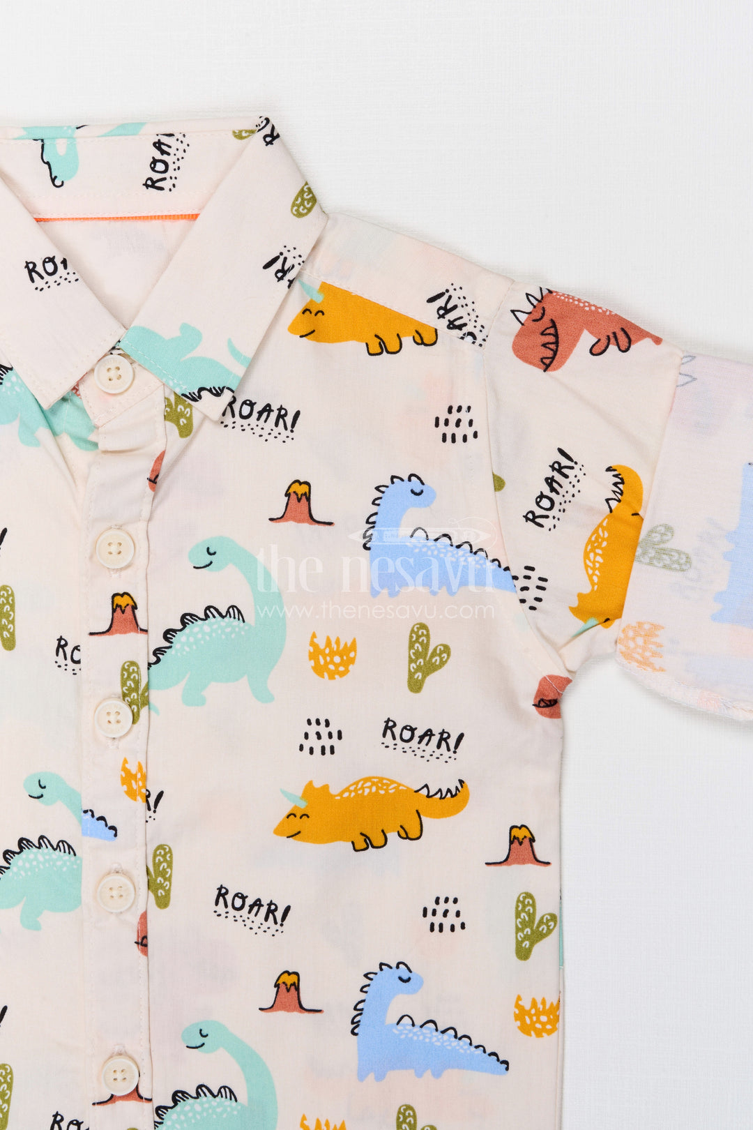 The Nesavu Boys Cotton Shirt Boys Dinosaur Print Cotton Shirt for Casual Outings and Playtime Nesavu Nesavu boys cotton dinosaur print shirt for casual outings playful everyday kids wear